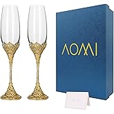 AOMI Wedding Champagne Flutes Toasting Glasses Luxurious Crystal- Gold 7oz Studded Champagne Glasses Set – Elegant Etched Flute Pair with Gift Box, Perfect for Weddings, Anniversaries & Celebrations