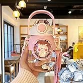 LEJN Kawaii Water Bottle with Adjustable Shoulder Strap Portable Leakproof BPA-free Cartoon Children Cup Capsule Bottle Traveling Hiking (Pink820ml)