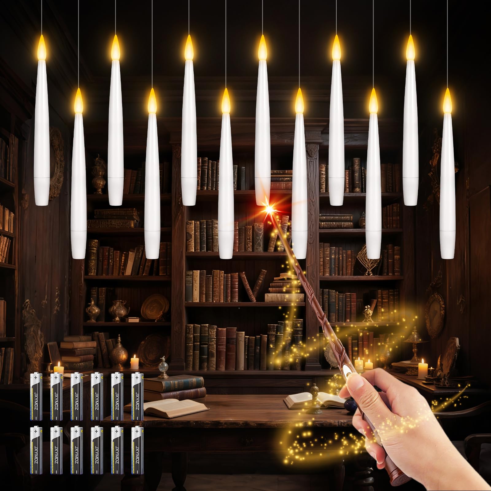 Photo 1 of 12 Pcs Floating Candles with Magic Wand Remote, Battery (included) Operated Hanging LED Candles Lasting for 200 H, Flameless Flickering Warm Light Taper Candle Set for Xmas Festival Theme Party Decor
