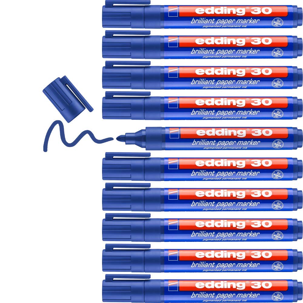 edding 30 brilliant paper marker - blue - 10 waterproof permanent markers - round nib 1.5-3 mm - vibrant colours - lightfast marking on paper, card, cardboard, plastic, metal and glass