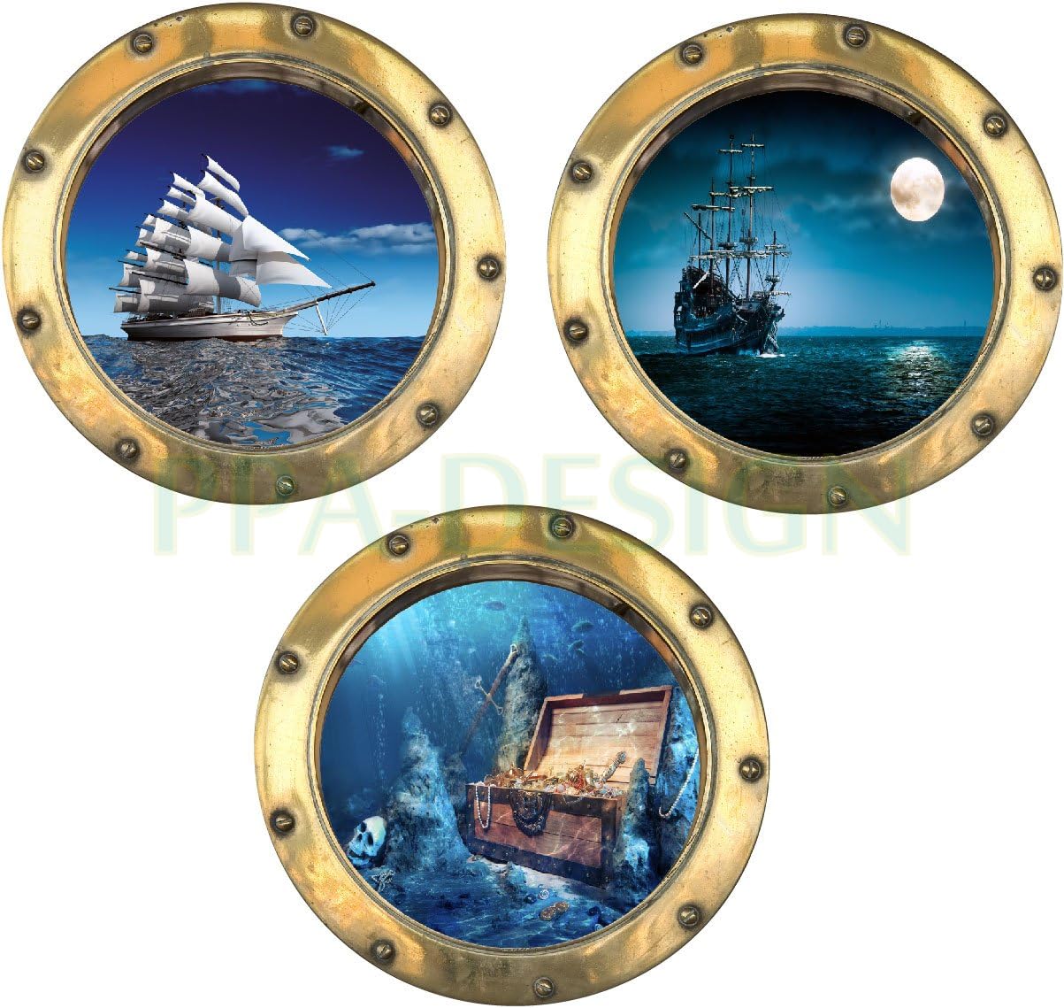 PPA DESIGN Sticker Mural Trompe l'oeil Hublot Bateau Coffre Pirate
