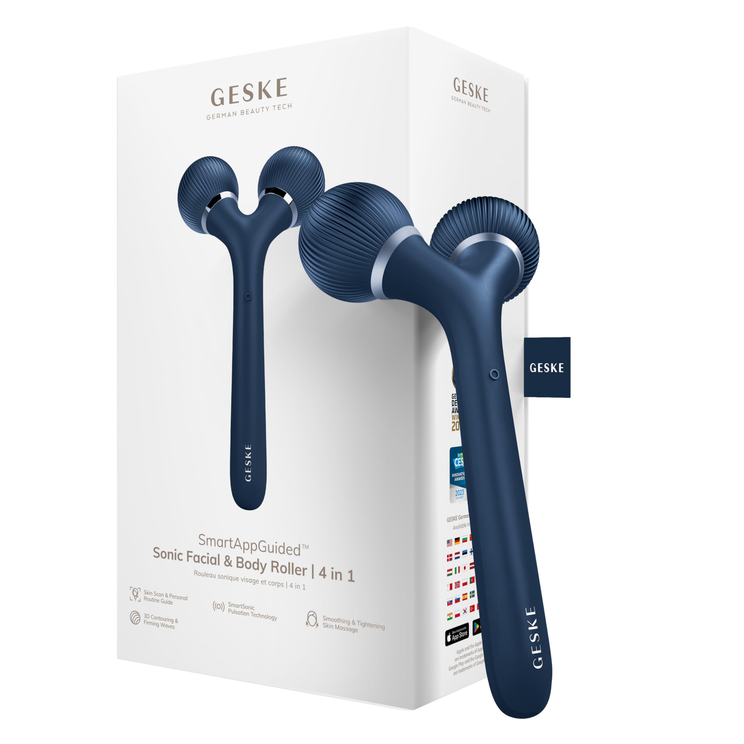 GESKE SmartAppGuided™ Sonic Facial & Body Roller | 4 in 1 | Derma Roller | Facial & Body | professional facial & body roller | for skincare and beauty routine