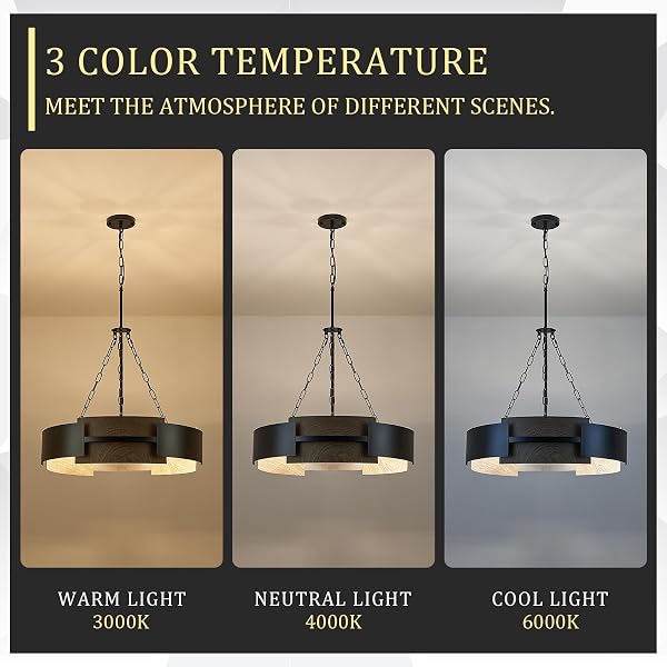 MODERN CHANDELIER 24″ INDUSTRIAL DRUM LIGHT FIXTURE BLACK METAL 6-LIGHT HANGING CHANDELIER WALNUT WOOD GRAIN FOR LIVING DINING ROOM FOYER ENTRYWAY KITCHEN