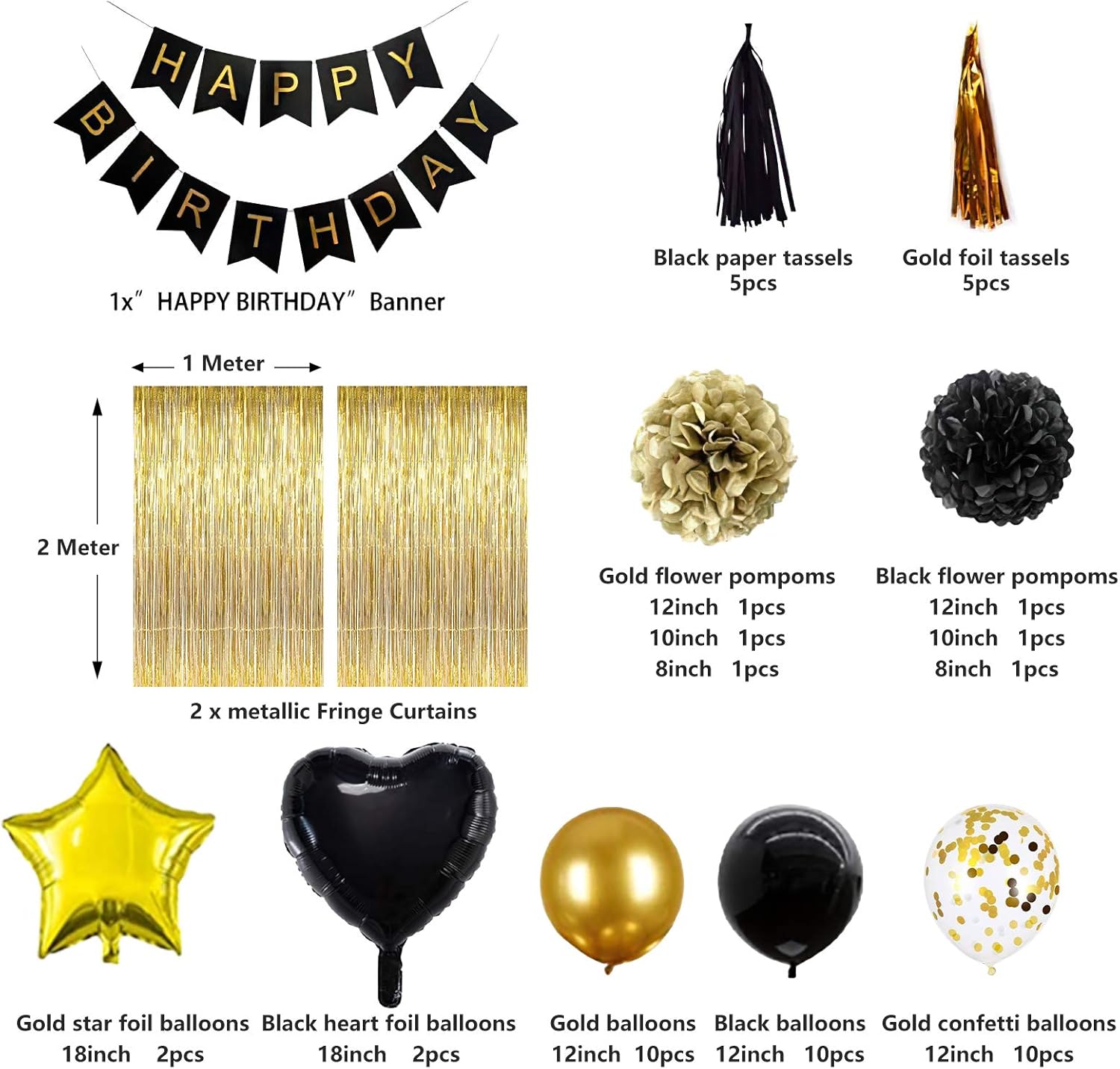 Black Gold Birthday Party Decoration Set-Black and Gold Party Decoration Including Happy Birthday Banner, Tassels, Balloons, Metallic Fringe Curtain, Flower Pompoms,Suit Perfect For Girls or Boys, Men or Women Birthday Party: Toys & Games