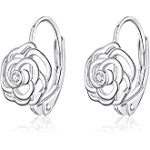 Qings Rose Flower Hoop Earrings 925 Sterling Silver Love Tiny Inlaid Cubic Zirconia as Gift for Women