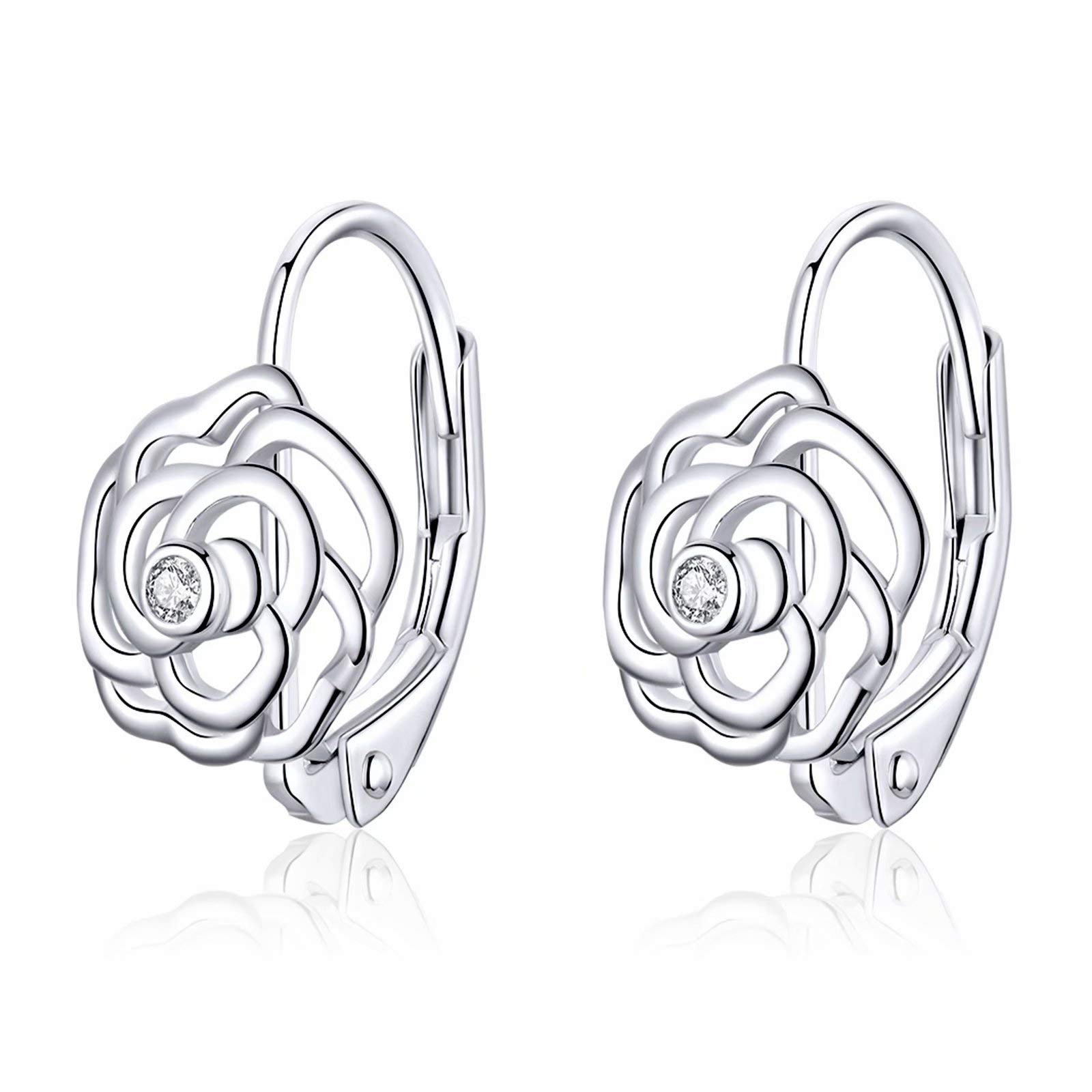 Qings Sparkling Rose Flower Hoop Earrings 925 Sterling Silver Love Tiny Inlaid Cubic Zirconia as Gift for Women and Girls