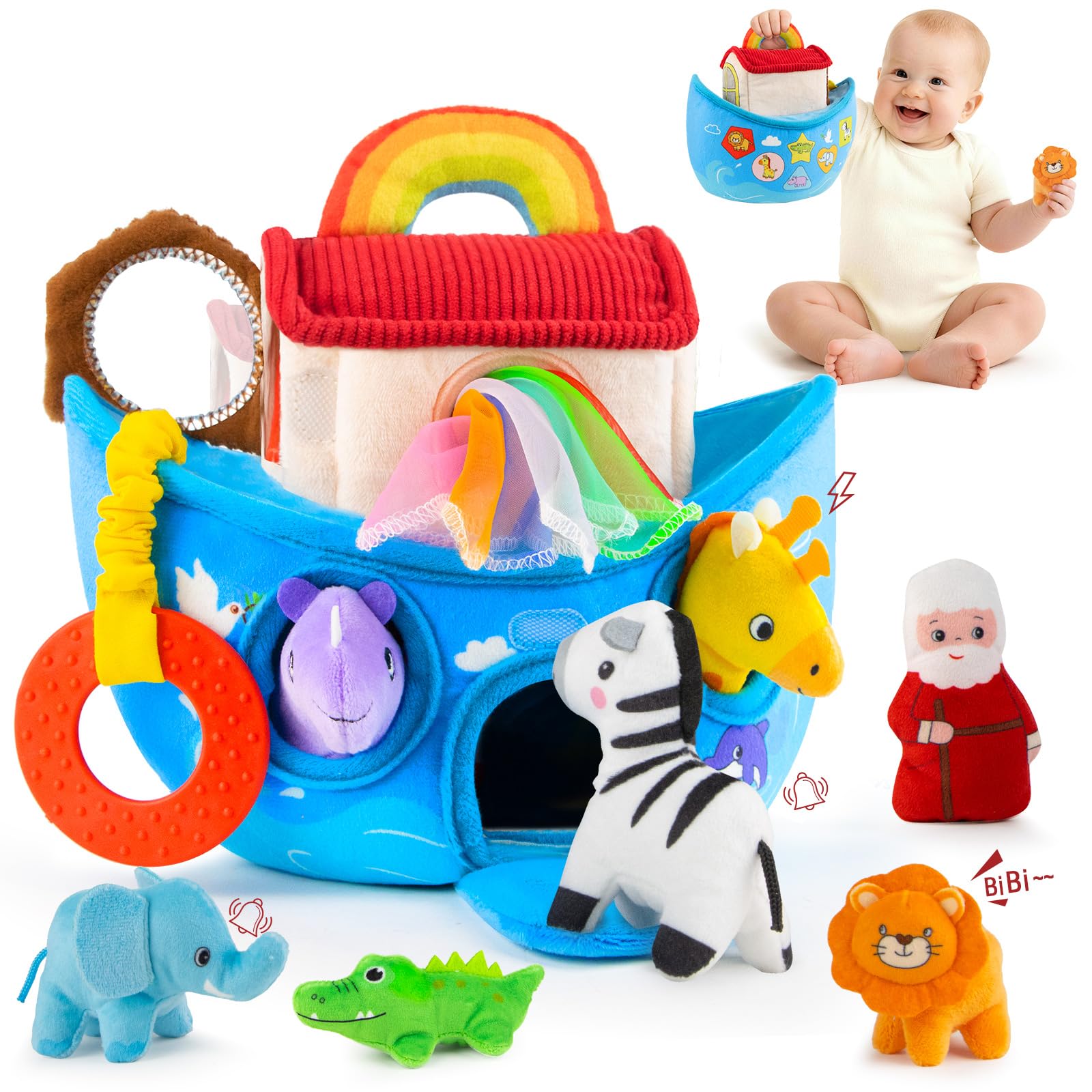 Baby Toys 6-12 Months - Noah's Ark Toy with Stuffed Animals, Baptism Gifts for Boys Girls, Montessori Toys for 6 Month Old Babies Sensory Tissue Box Toy for 1 Year Old Baby Easter Basket Stuffers
