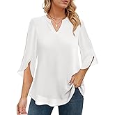 Women's 3/4 Sleeve Chiffon Blouses for Women Dressy Casual, V Neck Double Layers Chiffon Blouses Top
