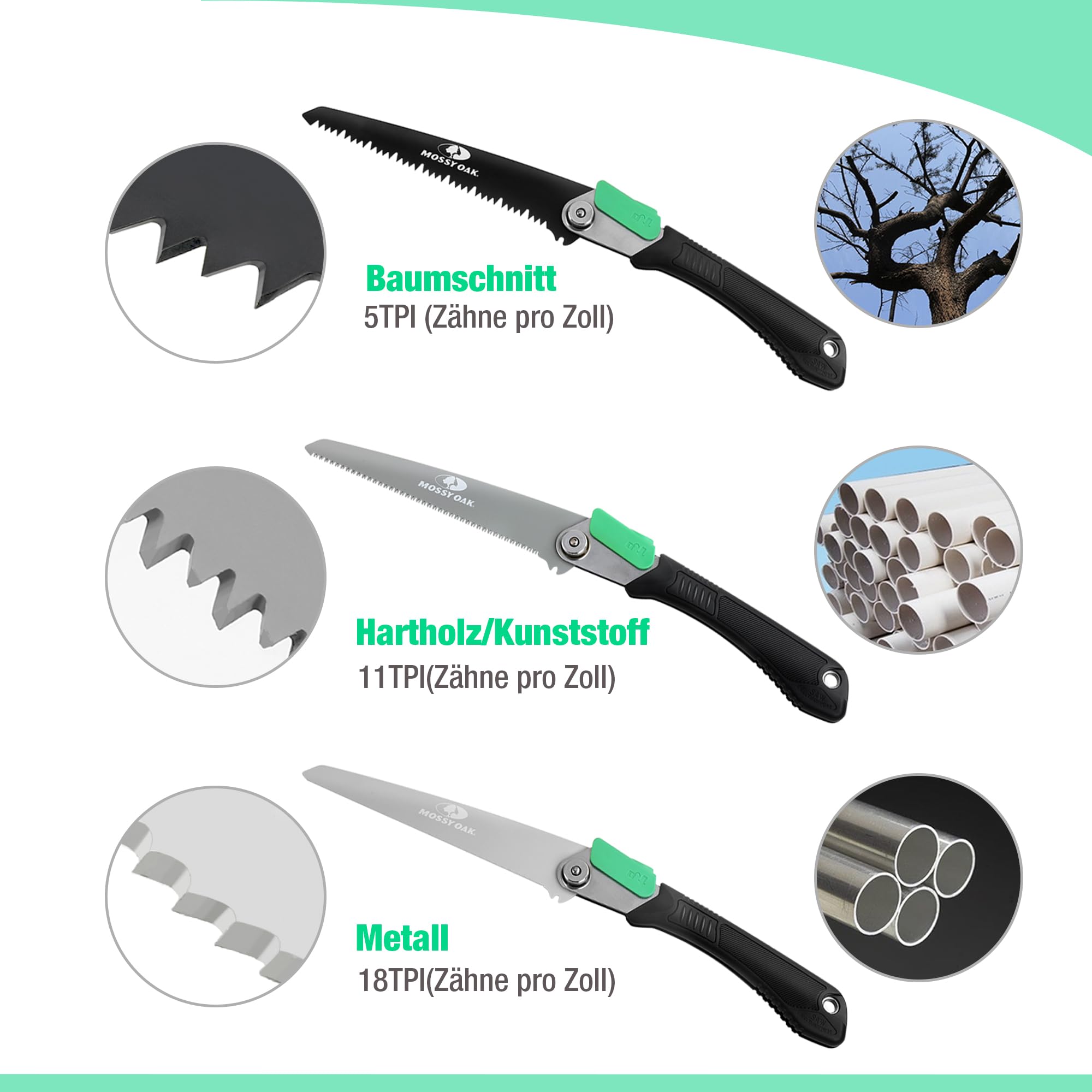 Mossy Oak 3-in-1 Folding Hand Saw Pruning Saw Includes 3 Sharp Blades Made of CR-V, Multifunctional Folding Saw for Garden, Glass, Tiles, Wood, Metal, Plastic