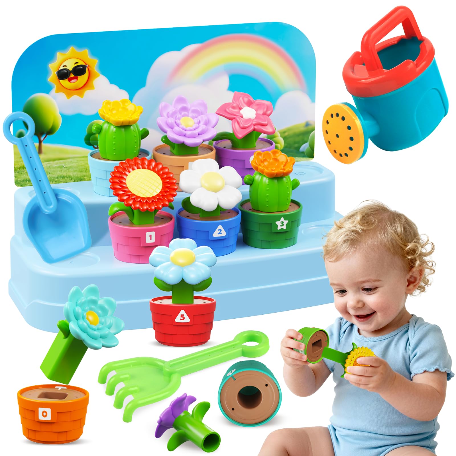 Montessori Toys for 1-2 year old, Toddlers Outdoor & Indoor Gardening Toys with Watering Can, Shovel, Rake, Color & Shape Sorting Educational Learning Toys Easter Gift for Girls Boys Age 1 2 3 4