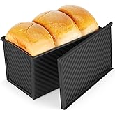 Flexzion Pullman Loaf Pan with Lid - 1 lb Dough Capacity Sandwich Bread Loaf Pan with Lid Cover - Non-Stick Carbon Steel Corrugated Toast Box Mold for Baking Homemade Sandwich, Sourdough, Bread, Black