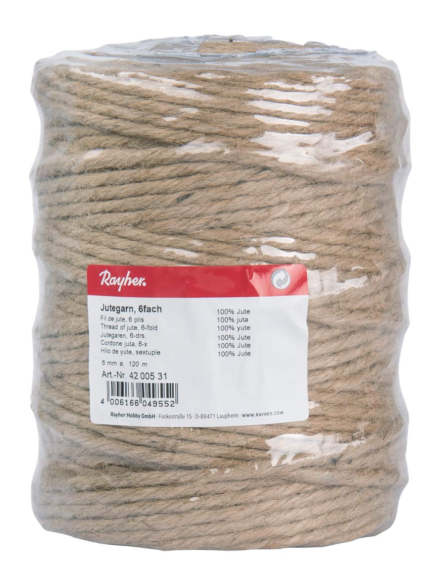 Rayher 4200531 Natural Jute Twine 6Ply, Jute String for Craft, Floristry and Decorations, Diameter 6mm, Length 120m, light brown