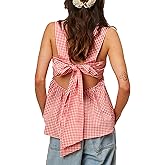Amiblvowa Women Gingham Peplum Tank Square Neck Babydoll Tops Y2K Cute Bow Tie Back Sleeveless Vest Shirt Going Out Top