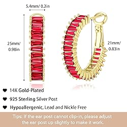 GLOQUAT Ruby Red Crystal Hoop Earrings 14K Gold