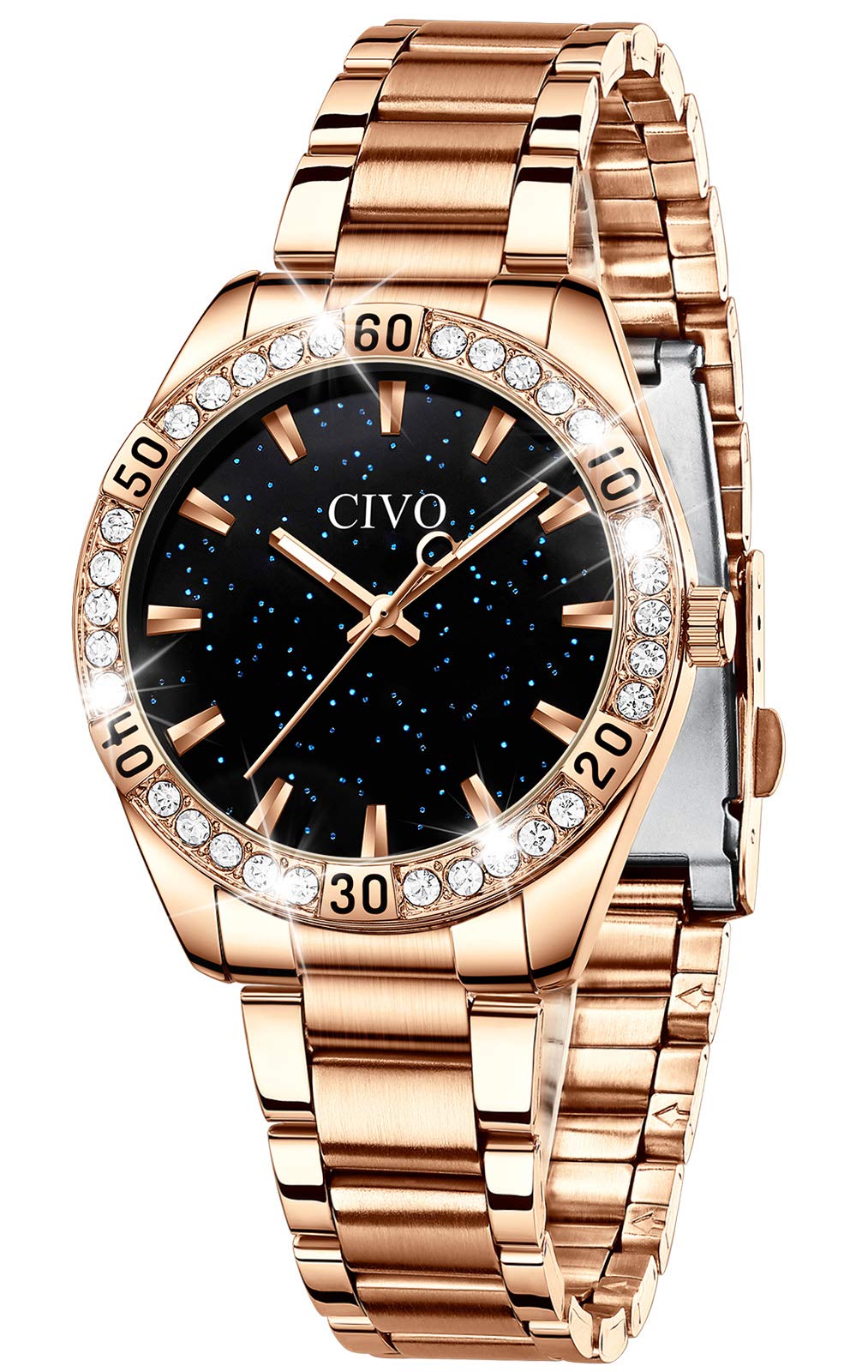 CIVO Ladies Watch Stainless Steel Rose Gold Starry Sky Designer Analogue Waterproof Luminous Fashion Stone Dress Wrist Watch