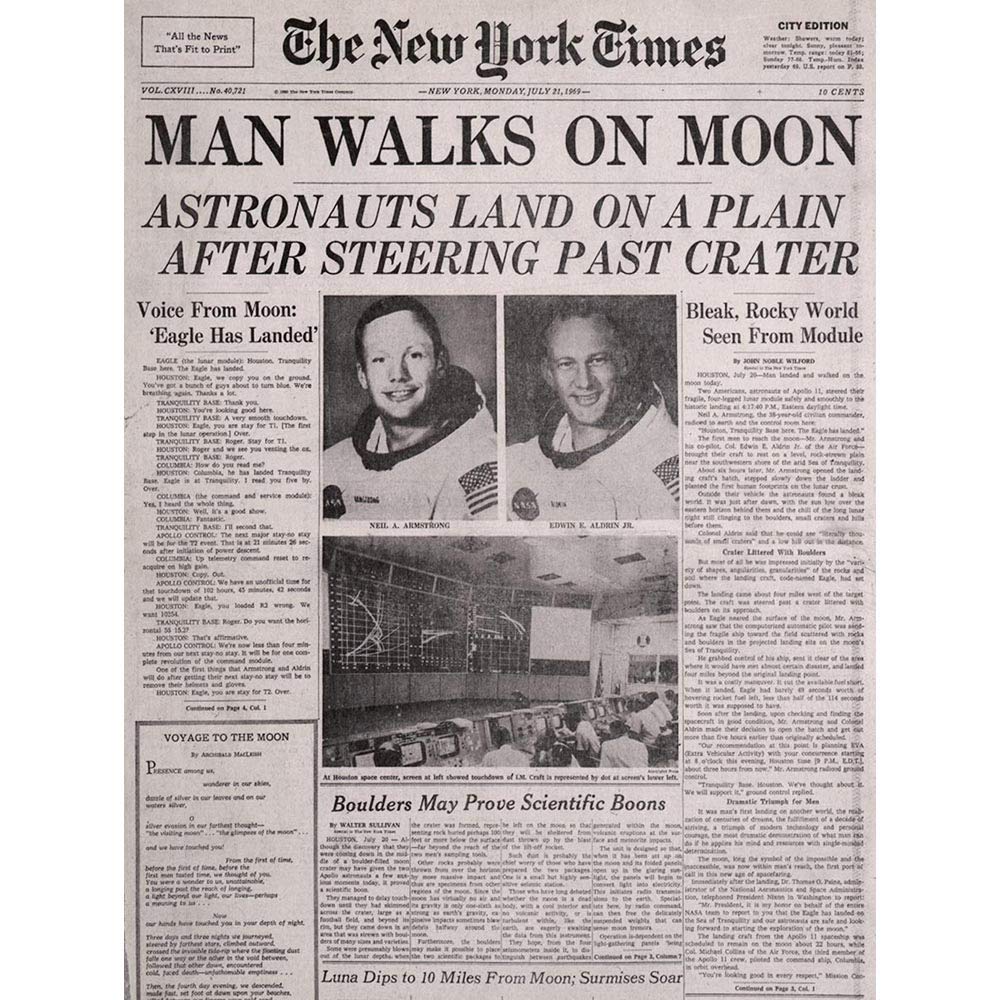 Wee Blue Coo Vintage Space Newspaper Moon Aldrin Armstrong Art Print Poster Wall Decor 12X16 Inch — image 1