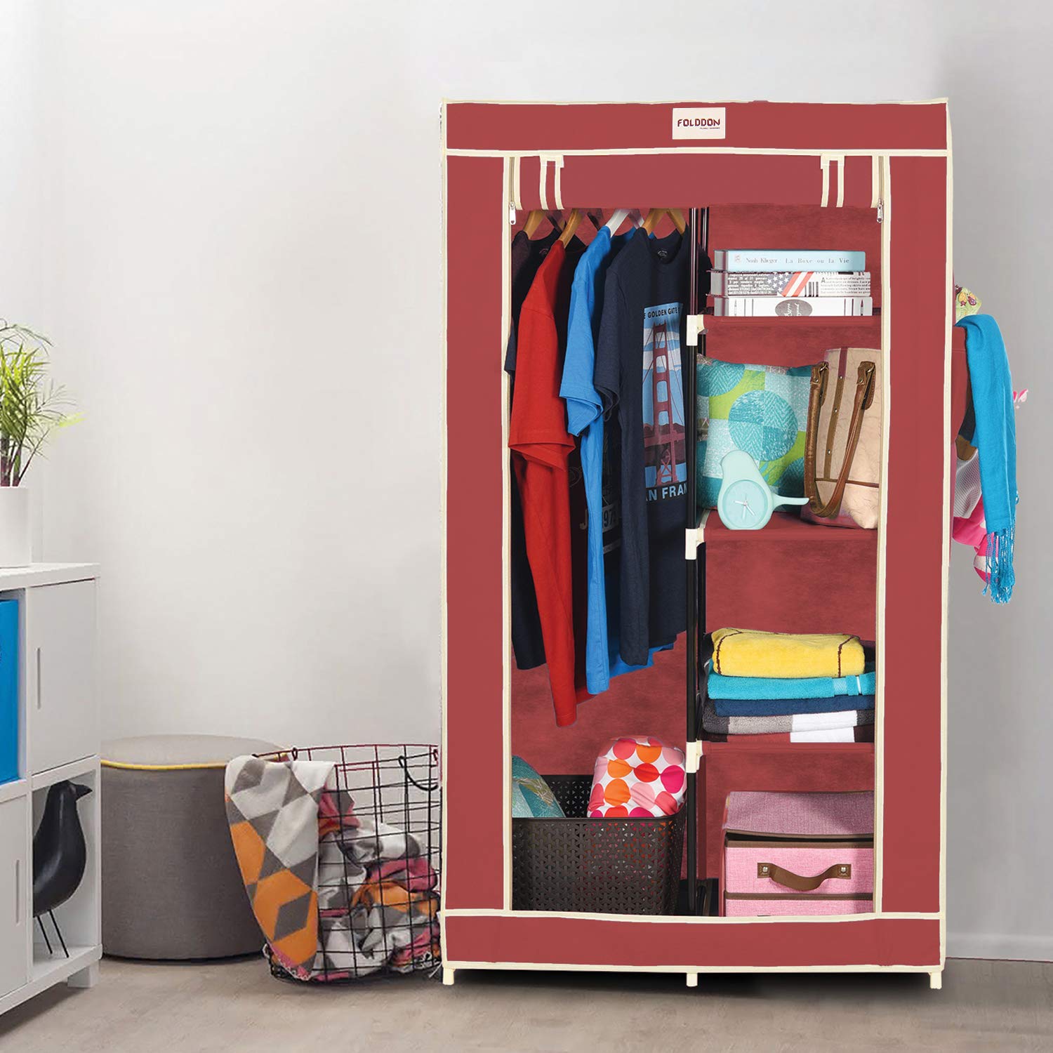 Folddon Foldable Wardrobe Single Door 5 Shelves 1 Hanger