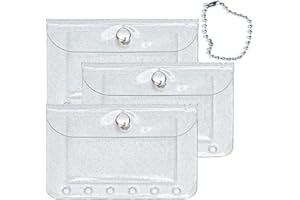 Mogoostry A7 Binder Pockets 3PCS Clear Coin Purse 6 Holes Binder Pouches Snap Closure Clear Glitter Wallet Card Holder Keychain Pouch Organizer