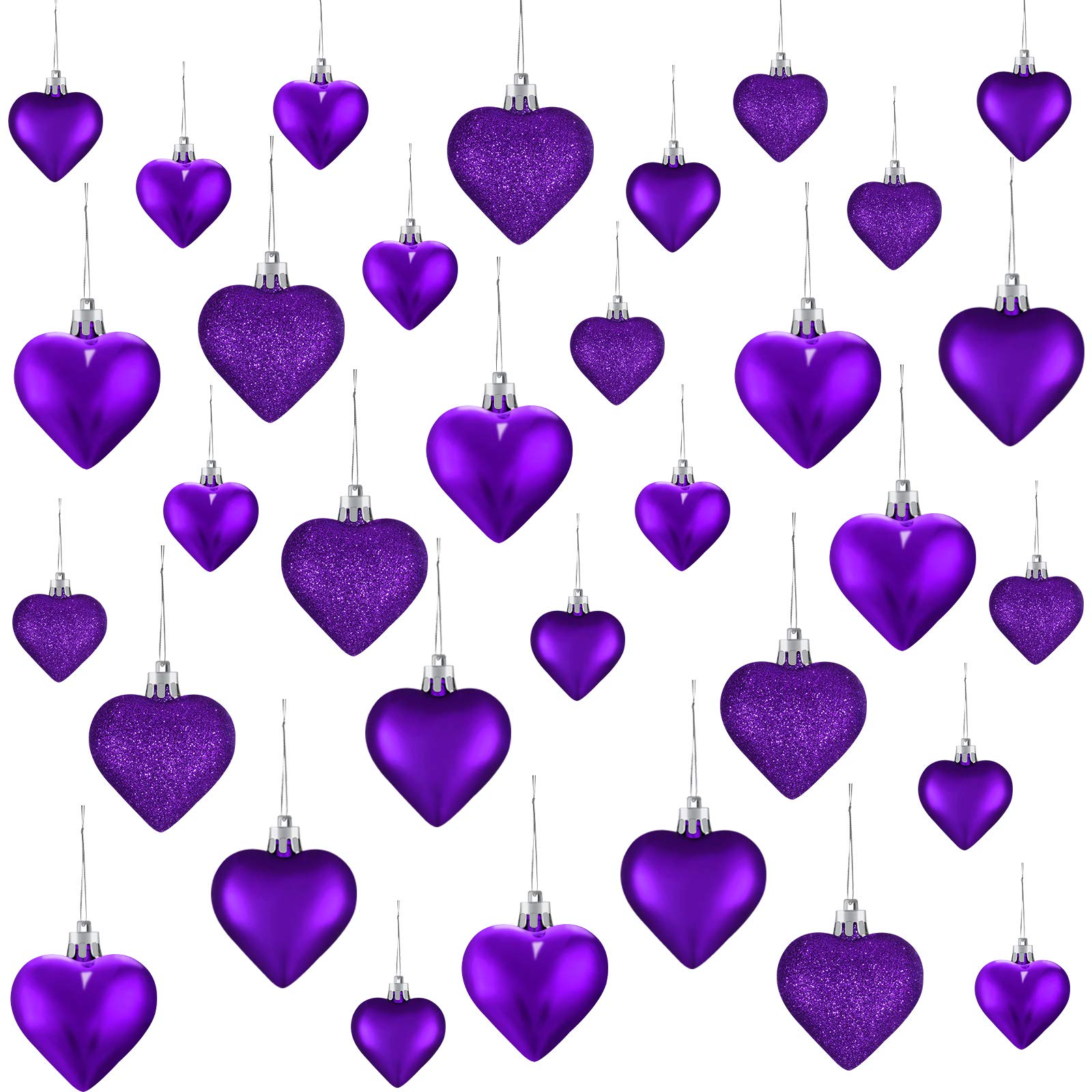 Valentine's Day Heart Ornaments, 3 Heart Baubles Heart Shaped Christmas Tree Baubles Heart Hanging Decorations for Valentine's Day Wedding Anniversary, 2 Sizes (Purple, 30 Pieces)
