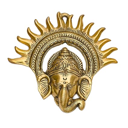 Collectible India Metal Golden Ganesha Wall Hanging Sculpture Lord Ganesh Idol Ganpati Lucky Feng Shui Wall Decor Arts(Size 7 x 7 Inches)