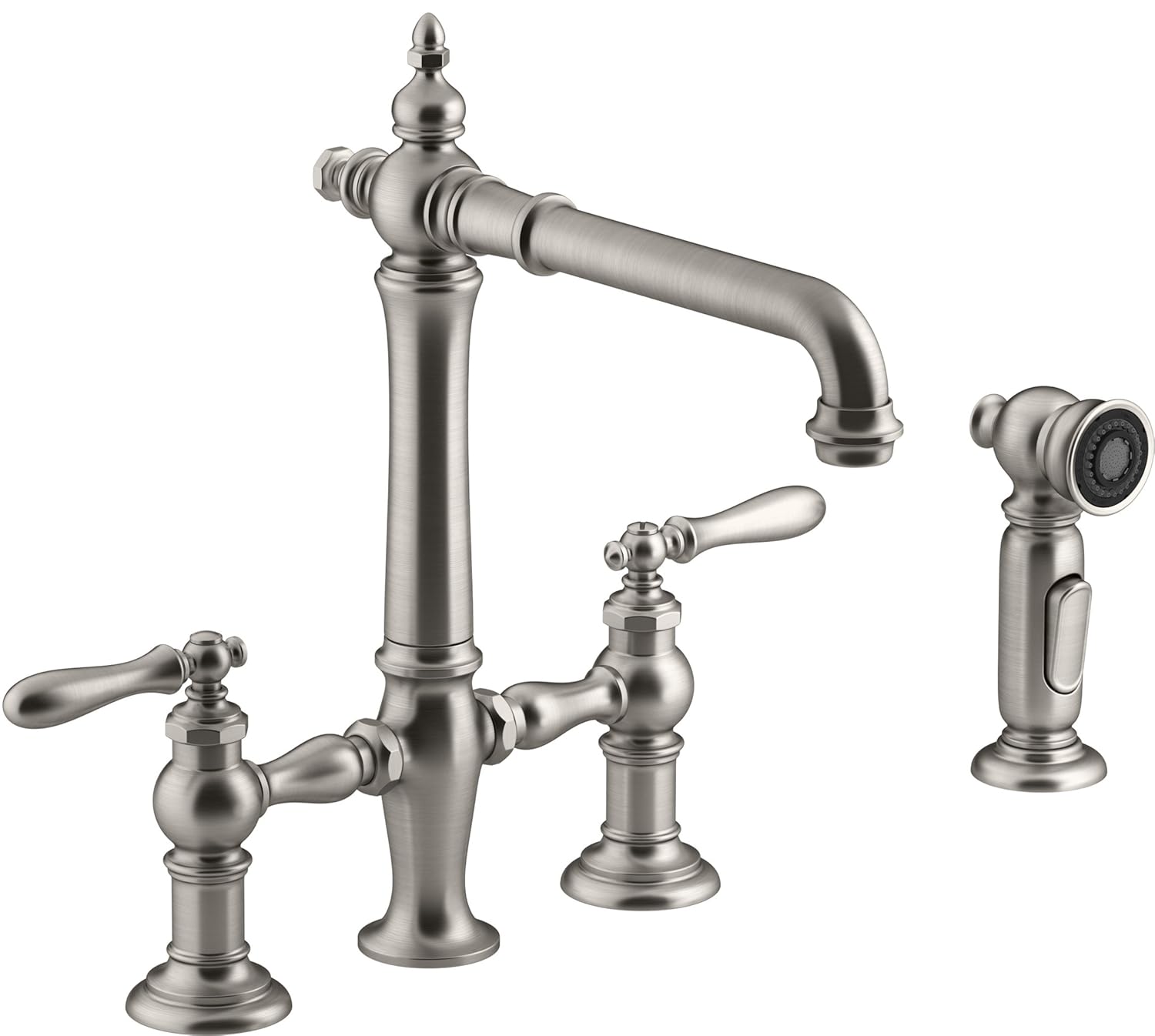 Kohler K-76519-4-VS Artifacts Deck-Mount Bridge Kitchen Sink Faucet with Lever Handles and sidespray Vibrant Stainless