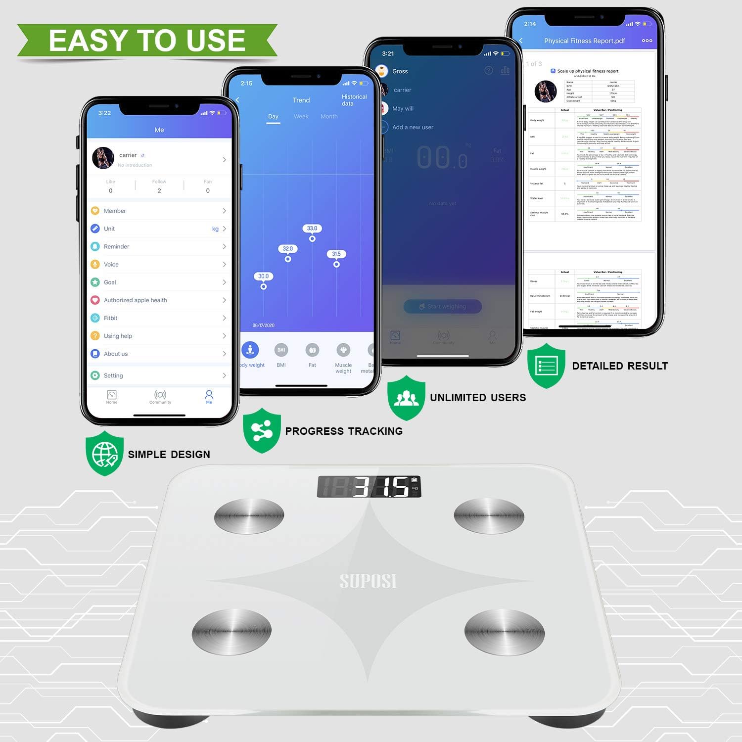 SUPOSI Smart Digital Body Fat Scale, Wireless BMI Bathroom Weight Scale for Body Weight, 24 Body Composition Analyzer Health Monitor Bluetooth Body Weight Scale with Smart Phone App, 396 lbs, White: Health & Personal Care