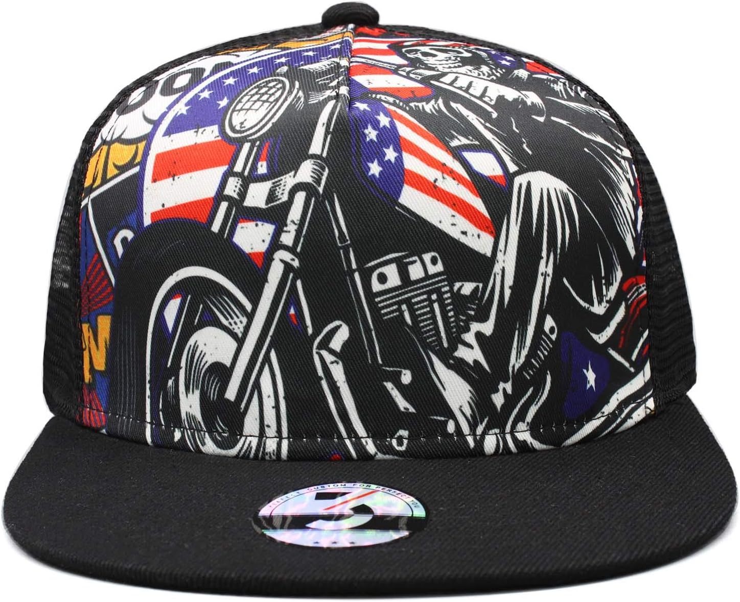 Black American Skull Fitted Flat Brim Baseball Cap Snapback for Men Women Trucker Hat