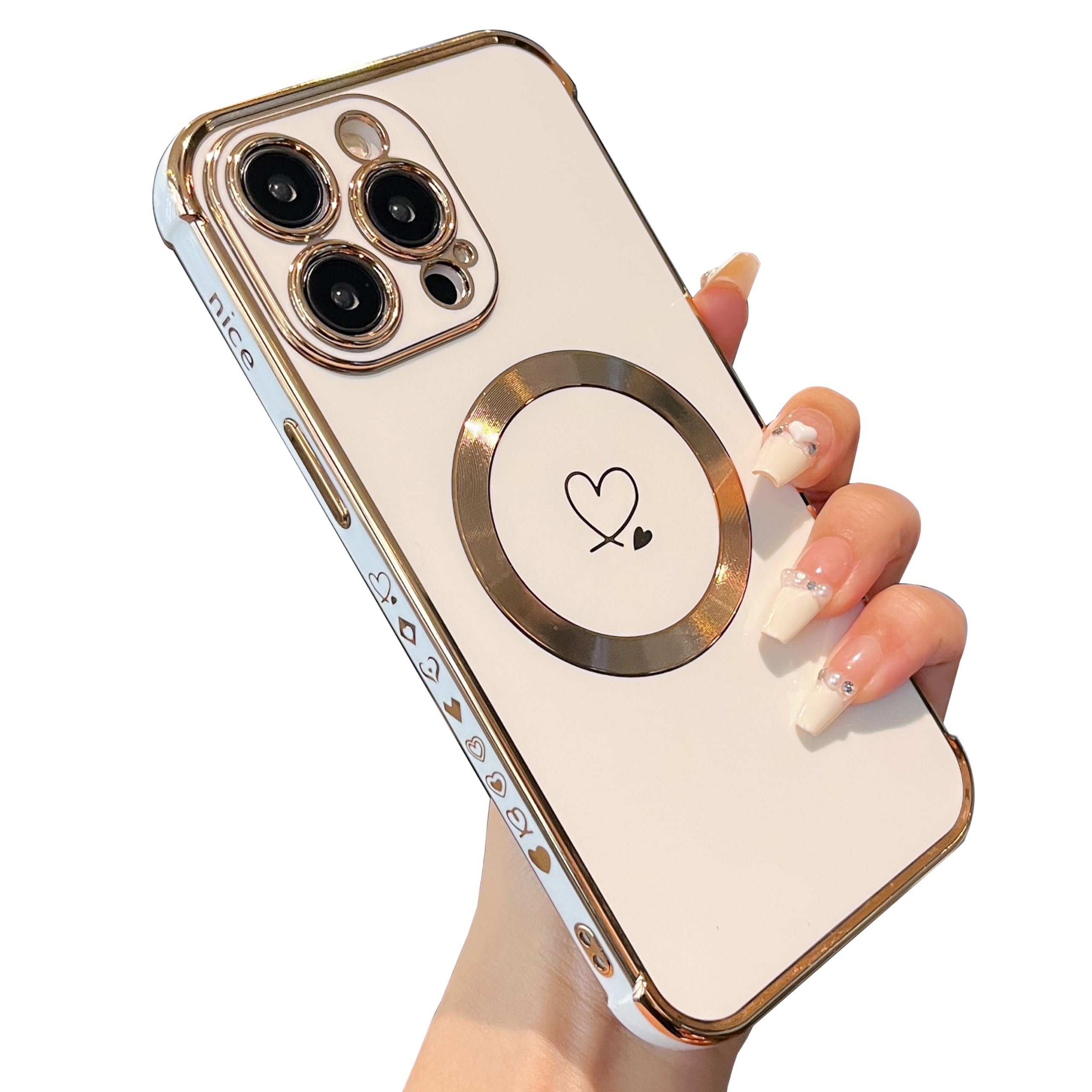 ZTOFERA Magnetic Case for iPhone 14 Pro Max Compatible with MagSafe, Flexible Soft Silicone Protective Phone Case with Cute Love Heart Pattern Golden Rim Shockproof Bumper Cover, White