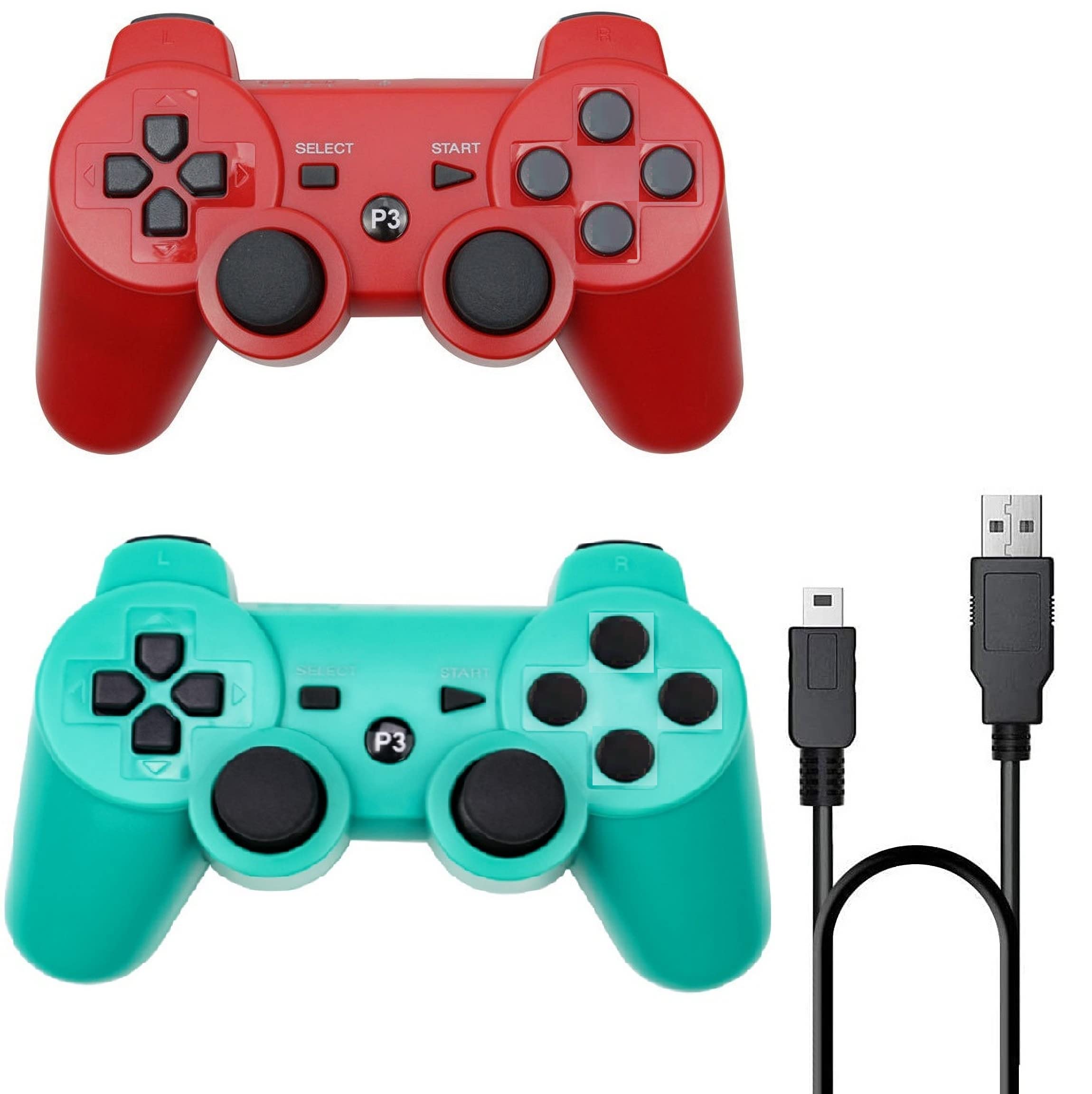 Photo 1 of ??????? P-S3 Controller 2 Pack PS-3 Wireless controller P3 Controller Wireless Bluetooth Gamepad with USB Charger Cable for PS-3 Console (Red+Green)