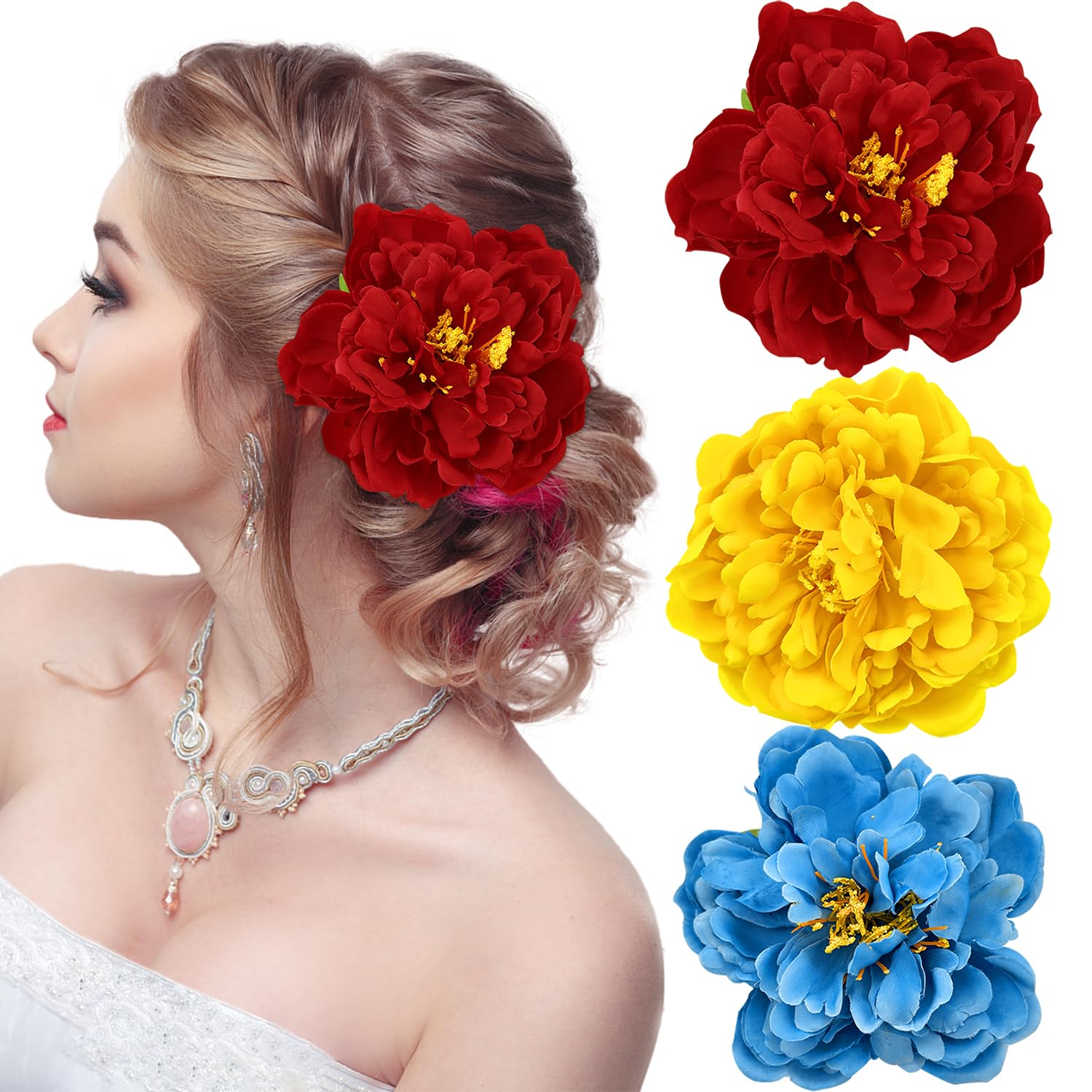 3 Pcs Peony Flower Hair Clips 2 in 1 Bridal Flower Brooch Floral Hairpins Wedding Party Headwear Accessories for Women Girls(colors 2)