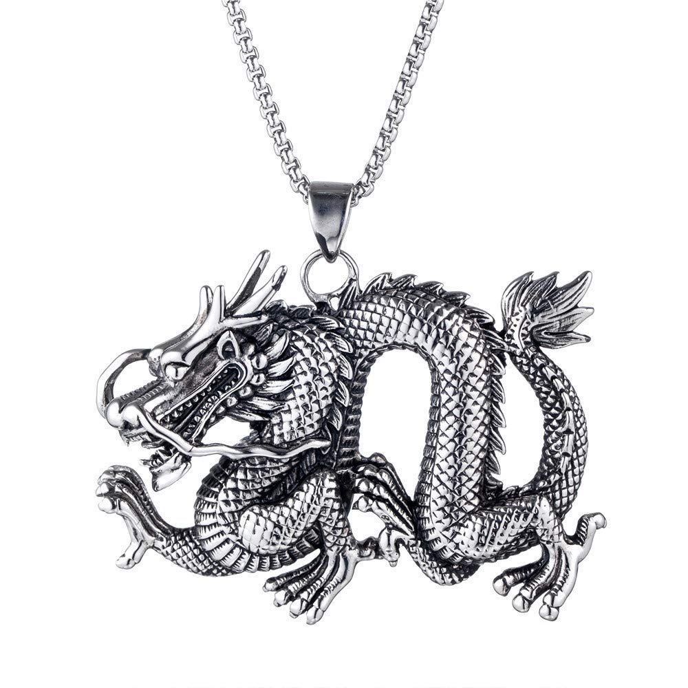 PAMTIER Men's Stainless Steel Chinese Dragon Pendant Necklace Silver Black