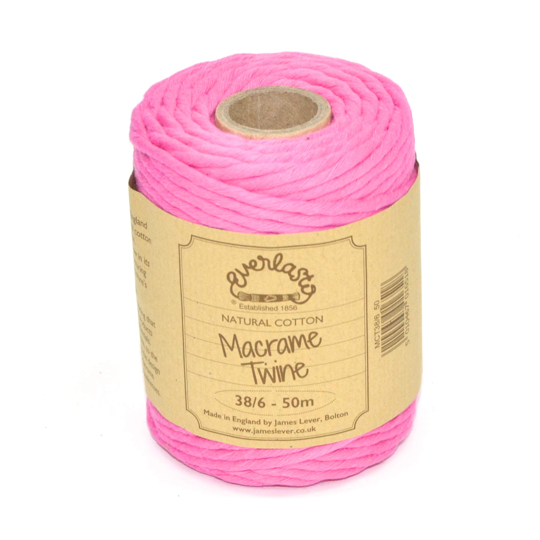 50M Spools - Everlasto Single Twist Soft Cotton Coloured Macrame Craft Twine 38/6 (4mm approx) (Fuchsia)