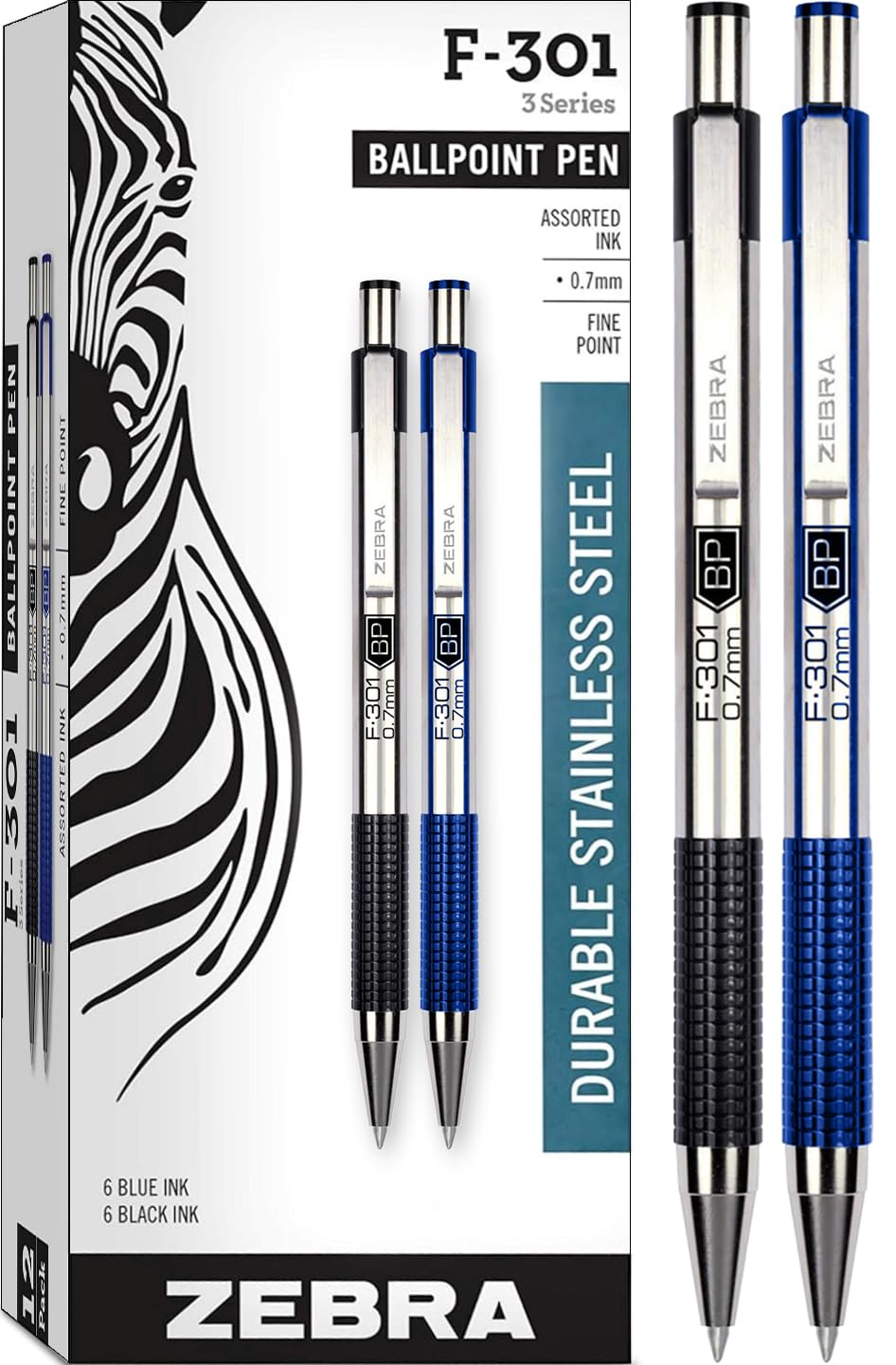 Photo 1 of Zebra F-301 Retractable Ballpoint Pen with Stainless Steel Barrel 0.7mm Fine Point - Pack of 12; 6 Black & 6 Blue