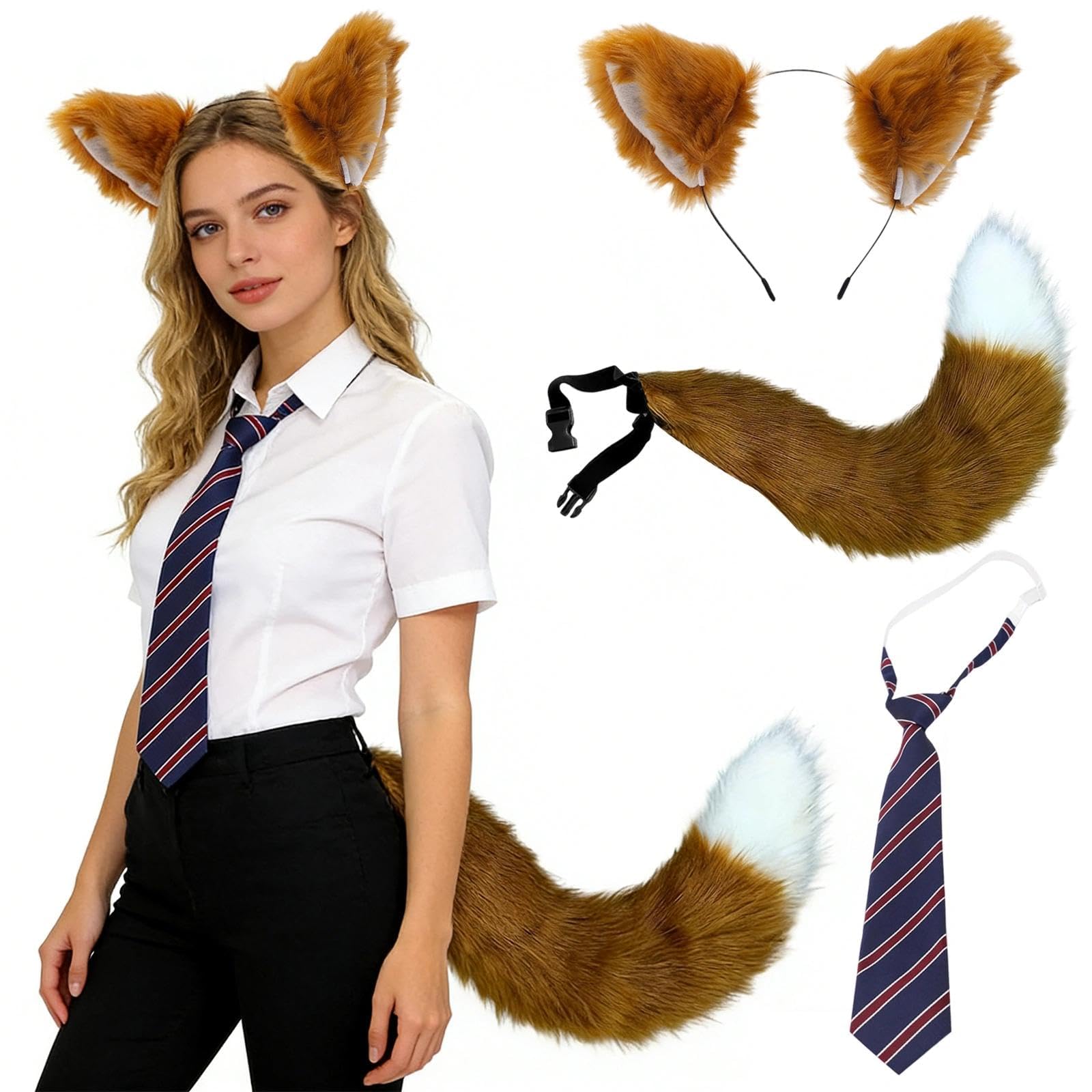 ZXTGBQ 3-Piece Fox Costume Accessory Set-Faux Fox Ears Headband, Tie, Foxtail, Animal Costume For Fancy Dress Up Foxcosplay For Halloween Christmas Carnival Party Stage Show Forkids Adults