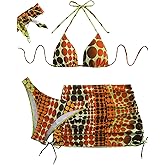 SEGT Women's 4 Piece Polka Dots Bikini Sets Halter Triangle Swimsuits with Mesh Cover Up Skirt and Scarf