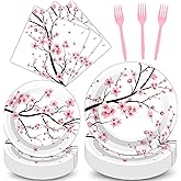 Qyeahkj 100 PCS Cherry Blossom Party Supplies Set Cherry Blossom Plates and Napkins Japanese Disposable Paper Party Tableware Forks Packs Decorations for Hibachi Spring Birthday Decoration Serve 25