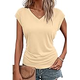 Bliwov Womens Summer Tops Business Casual Cap Sleeve V Neck T Shirts Trendy Outfits Beach Vacation Clothes Fashion Blouses