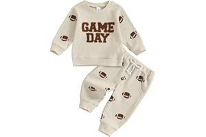 Kupretty Toddler Baby Boy Football Outfits Fall Winter Clothes Game Day Embroidery Crewneck Sweatshirt + Pants Waffle Set