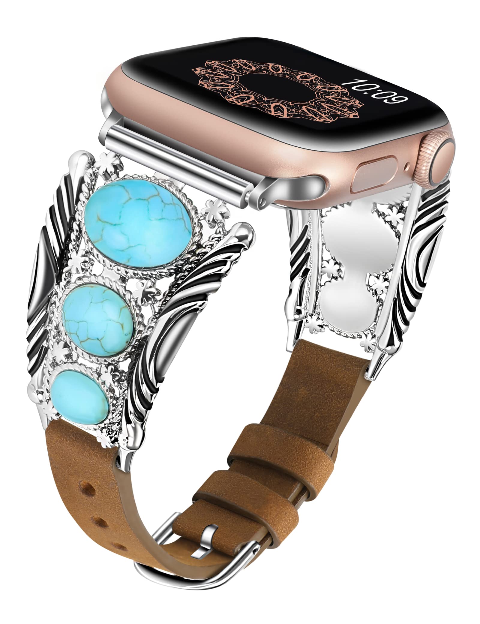 Minyee Leather Band Compatible with Apple Watch Band Women 38/40/41/42/44/45/46/49mm, Boho Turquoise Designer Western Vintage Ethnic Antique Style Strap for iWatch Series 11 10 9 8 7 6 5 4 3 SE Ultra