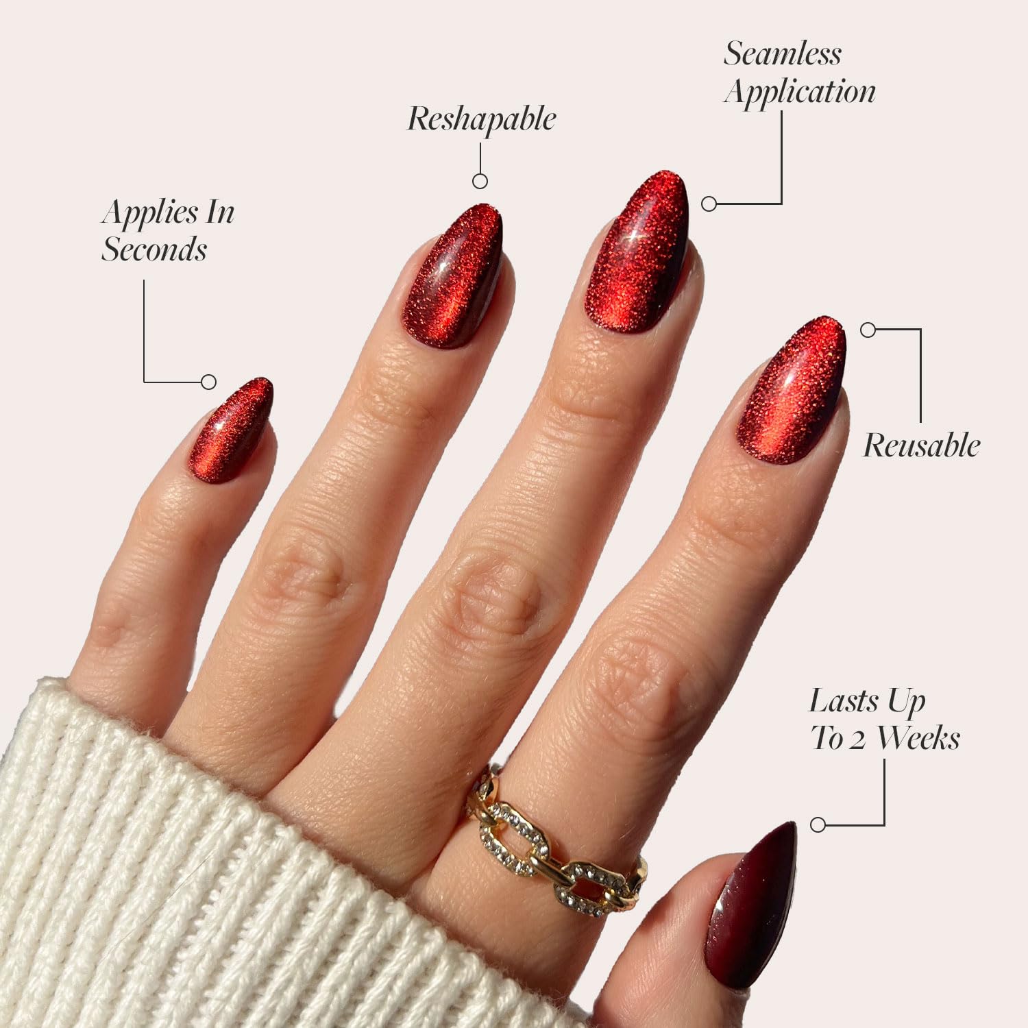 Glamnetic Press On Nails - Ruby Slipper | Deep Red Sparkly Short Almond Fake Nails with a Velvet Finish, Reusable | 15 Sizes - 30 Nail Kit with Glue - Image 3