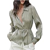 SweatyRocks Women's Long Sleeve Button Down Shirts Semi Sheer Belted Satin Blouse Elegant Work Tops