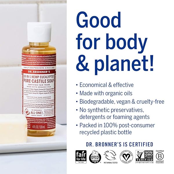 DR. BRONNER’S – PURE-CASTILE LIQUID SOAP (EUCALYPTUS, 4 OUNCE) – MADE WITH ORGANIC OILS, 18-IN-1 USES: FACE, BODY, HAIR, LAUNDRY, PETS AND DISHES, CONCENTRATED, VEGAN, NON-GMO