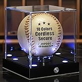 JupDec Baseball Display Case Led, Clear Cube Baseball Holder with Memory Function, Autograph Stand Box for Single Ball with 10 Color Light Up, Ideal Gift for Collector & Sports Fans, Silvery, 1 Pack