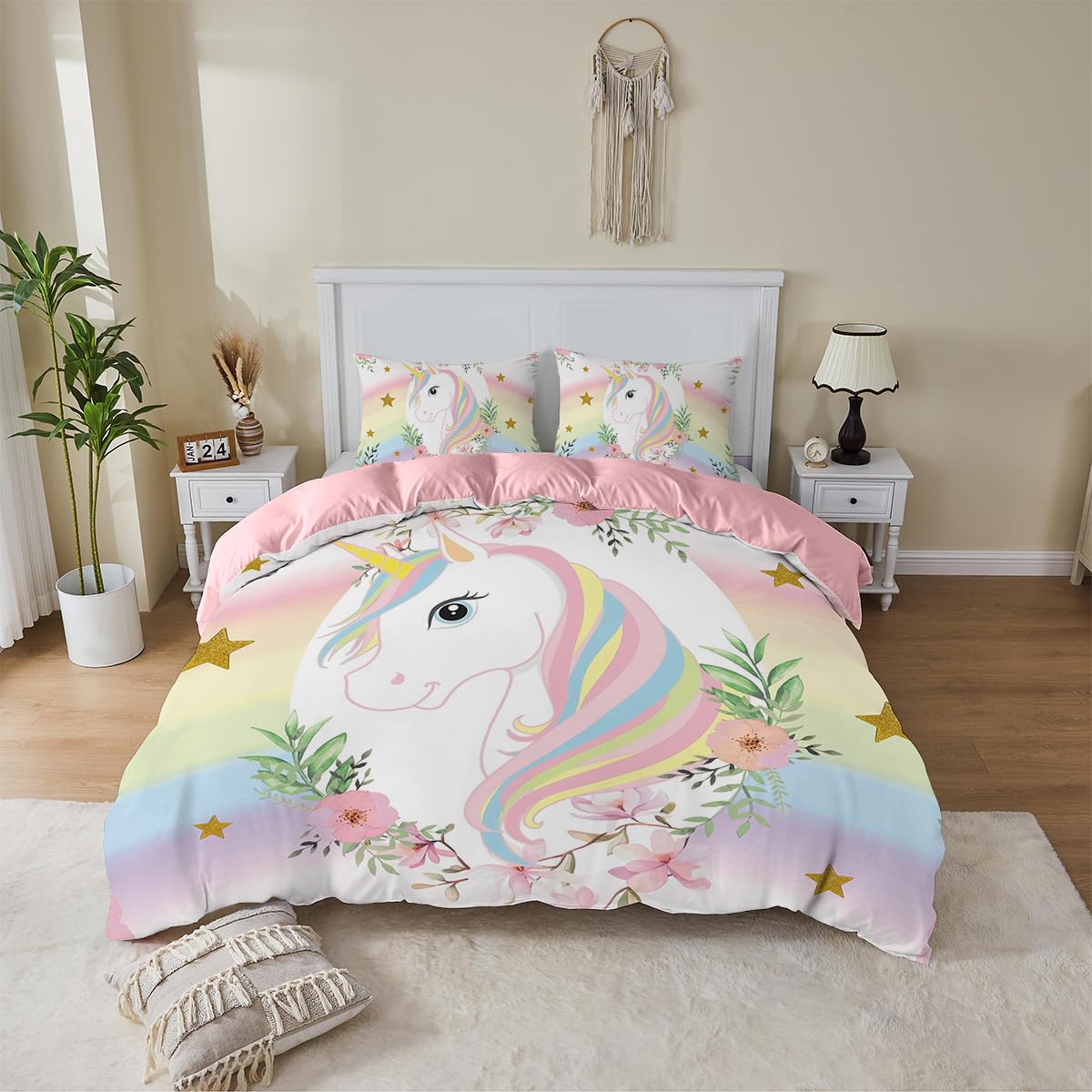 MUSOLEI Magic Unicorn Moon Flower Bedding Set Kids Duvet Cover and Pillowcase Green Blue Watercolor Mermaid Zipper Bed Cover Gift Single Souble Sing Superking (Pink, Double)