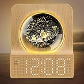 DreamSky Space Alarm Clock for Kids Teens with RGB Night Light for Bedroom | Small Digital Clock with Colorful Crystal Ball Decor for Living Room Office, Dimmer, Gifts for Boys Girls Women (Wood Grain)