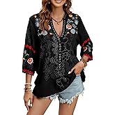 Mexican Shirts Peasant Blouses Cotton Embroidered 3/4 Sleeve Summer V Neck Tunic Bohemian Tops Boho Clothes for Women