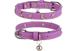 CHUKCHI Leather Cat Collars for Boy Girl Cats with Bell and Safety Elastic Belt, Personalized Star and Moon Stud Adjustable Safe Buckle Collar for Kitty Small Big Cats Size 8-12 InchRose (Puple)