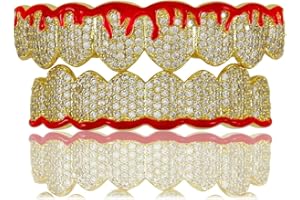 IUODEN Grillz Vampire Teeth Silver Grills for Your Teeth Diamond Grillz for Women Hip Hop 14K Gold Plated Red Flame Vampire Fang Top Bottom Gold Grillz Teeth Men Cosplay Rapper Costume