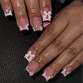 Press on Nails Square Fake Nails Short with 3D Bow Flower Charms Design Glossy Glue on, Full Cover Stick on False Nails for Women 24Pcs