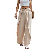 BMJL Womens Palazzo Linen Pants High Waisted Side Split Boho Beach Pant Summer Flowy Wide Leg Trousers